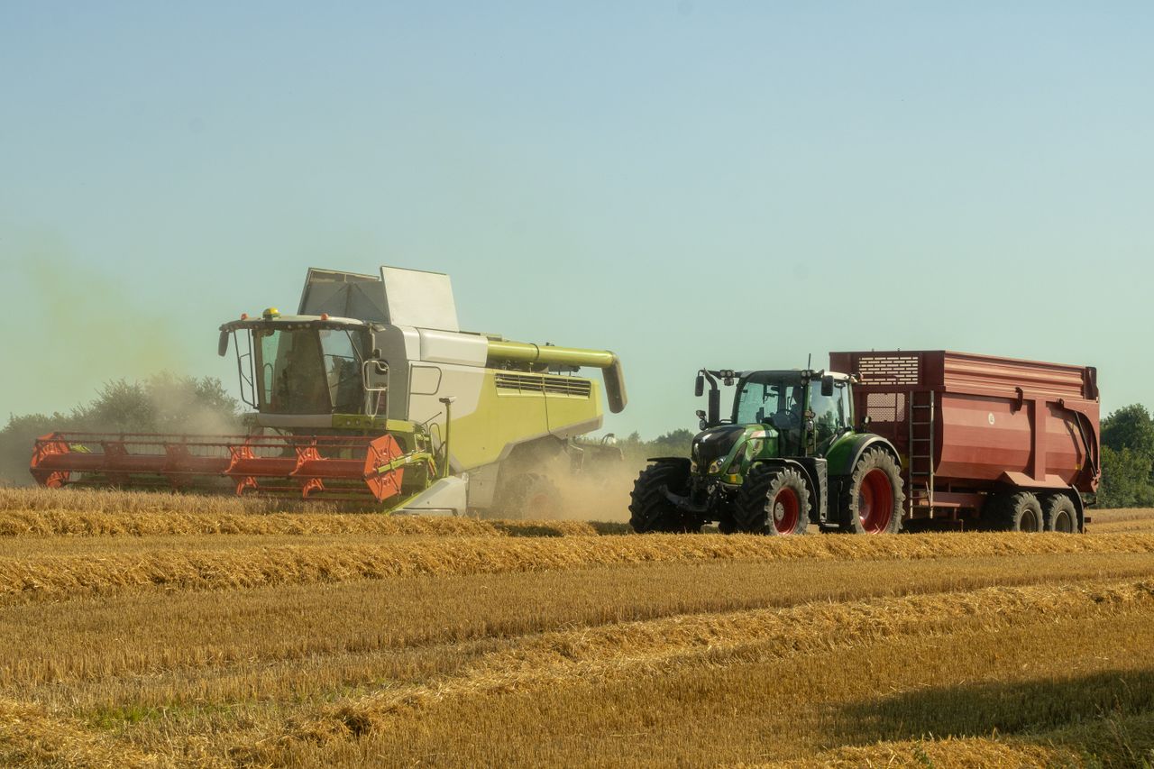 A combine harvester and tractor operate in a sunlit wheat field, capturing the essence of modern agriculture.